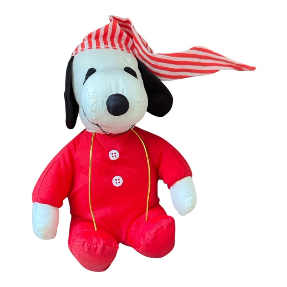 Vintage Snoopy Peanuts Puffy Nylon Red Pajamas‎ Red White Striped Hat